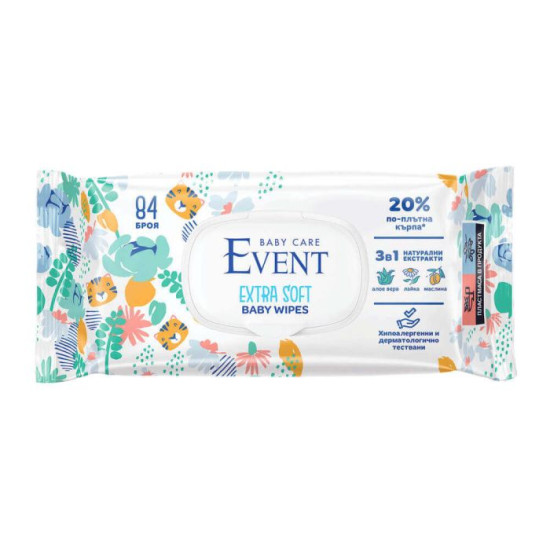 ЕВЕНТ BABY EXTRA SOFT бебешки мокри кърпи 3в1 с натурални екстракти от алое лайка и маслина х 84 бр