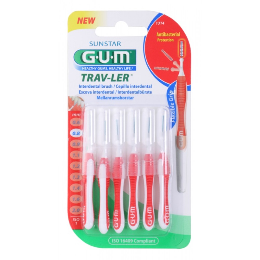 Toothbrush Gum interdental 0.8 mm red 6 pcs / Четка за зъби Gum интердентална 0.8 мм червени 6 бр - Интердентална Четка