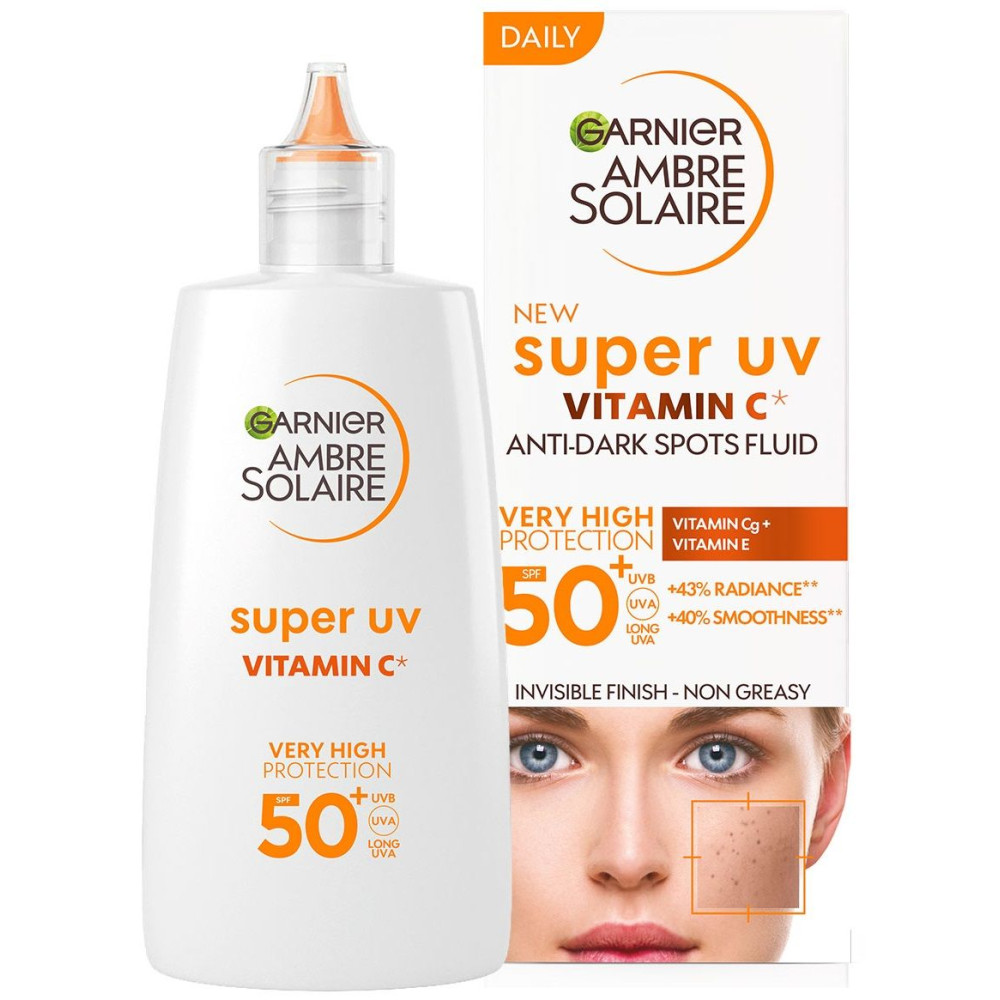 ГАРНИЕ AMBRE SOLAIRE SUPER UV ANTI-DARK SPOTS FLUID VITAMIN C дневен флуид за лице против тъмни петна с витамин C SPF50+ 40 - Слънцезащита