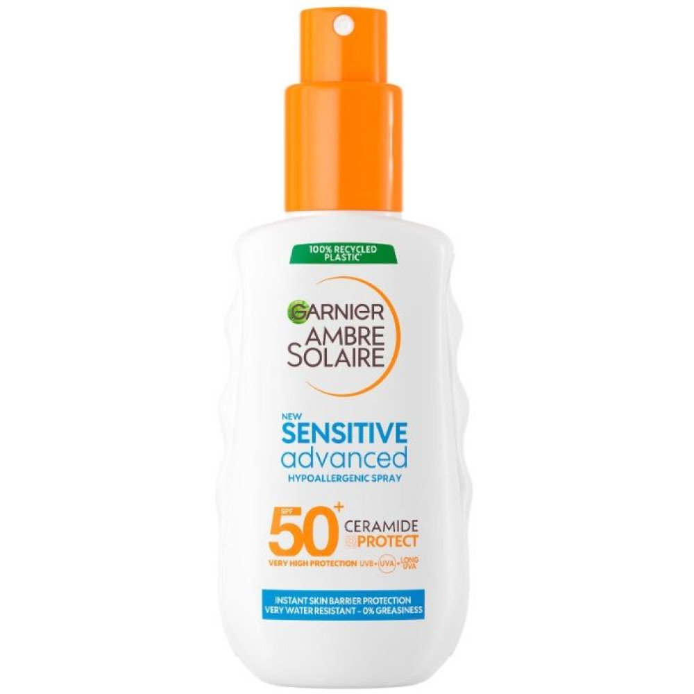 ГАРНИЕ AMBRE SOLAIRE SENSITIVE ADVANCE слънцезащитно мляко за лице и тяло SPF 50+ за чувствителна кожа спрей 150 мл - Слънцезащита