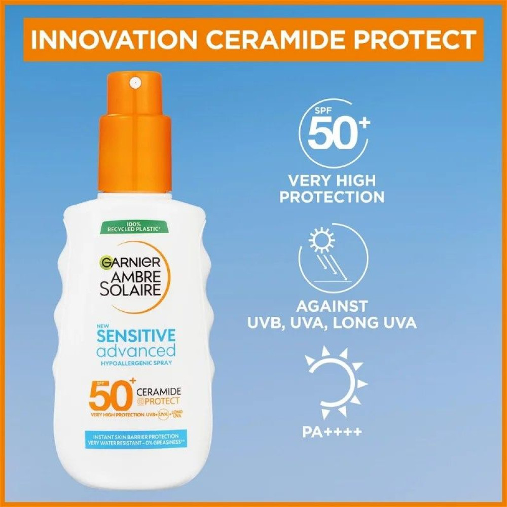 ГАРНИЕ AMBRE SOLAIRE SENSITIVE ADVANCE слънцезащитно мляко за лице и тяло SPF 50+ за чувствителна кожа спрей 150 мл - Слънцезащита