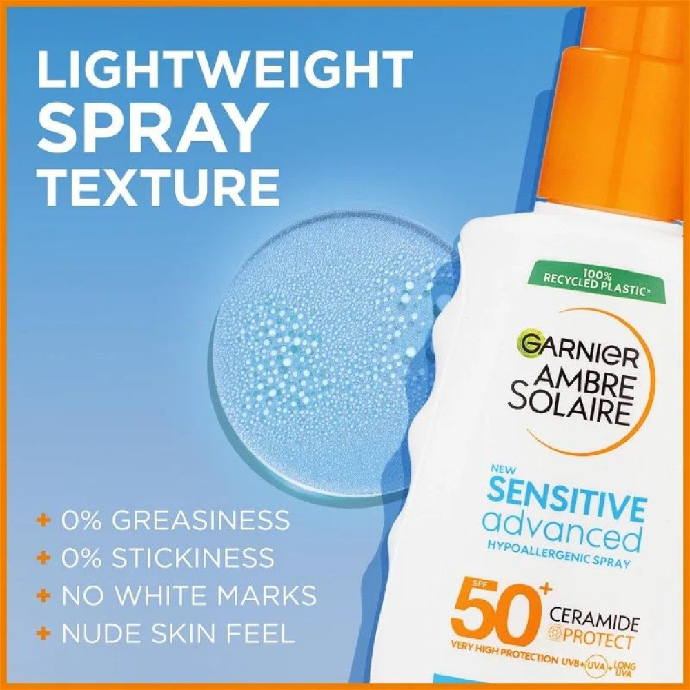 ГАРНИЕ AMBRE SOLAIRE SENSITIVE ADVANCE слънцезащитно мляко за лице и тяло SPF 50+ за чувствителна кожа спрей 150 мл - Слънцезащита