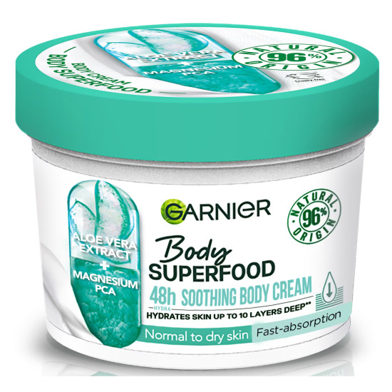 GARNIER BODY SUPERFOOD ALOE VERA & MAGNESIUM успокояващ крем за тяло за нормална до суха кожа Алое 380 мл