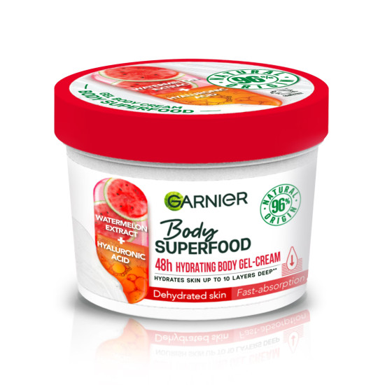 GARNIER BODY SUPERFOOD WATERMELON & HYALURONIC ACID хидратиращ гел-крем за тяло за нормална дехидратирана кожа Диня 380 мл