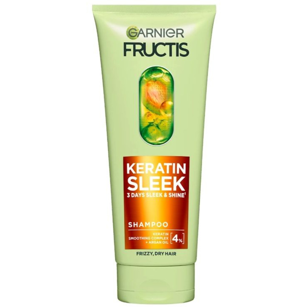 GARNIER FRUCTIS KERATIN SLEEK Shampoo шампоан за суха и непокорна коса с кератинов комплекс и арганово масло 200 мл - Грижа за косата