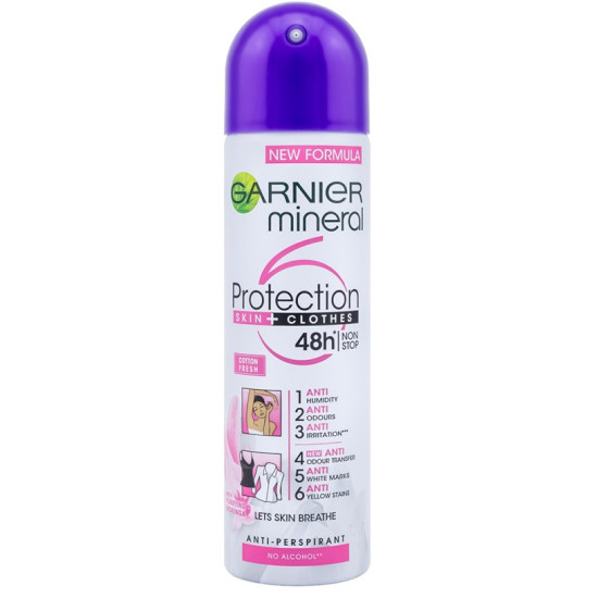 GARNIER MINERAL PROTECTION SKIN + CLOTHES COTTON FRESH 48H 6in1 део спрей против изпотяване за жени 150 мл
