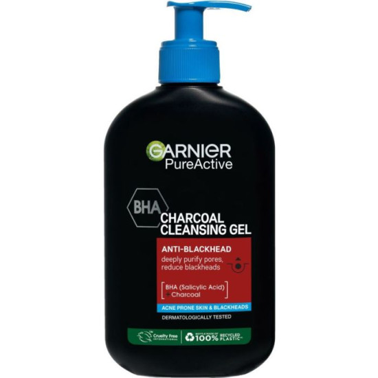 GARNIER PURE ACTIVE CHARCOAL CLEANSING GEL гел за почистване на лице за кожа склонна към акне и черни точки помпа 250 мл