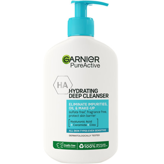 GARNIER PURE ACTIVE HYDRATING DEEP CLEANSER гел за почистване на лице с хиалуронова киселина за всеки тип кожа помпа 250 мл