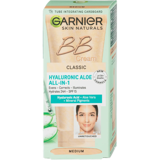 GARNIER SKIN NATURALS HYALURONIC ALOE BB SPF25 Medium тониращ дневен крем за лице за смесена до мазна кожа среден нюанс 50 мл