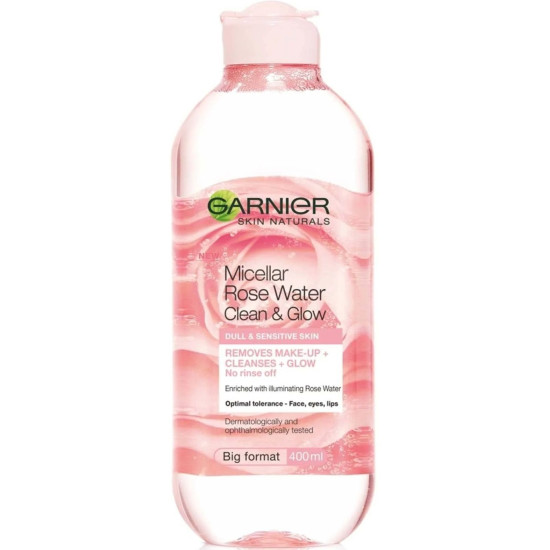 GARNIER SKIN NATURALS Micellar Rose Water Clean & Glow мицеларна вода за лице с розова вода за уморена чувствителна кожа 400 мл