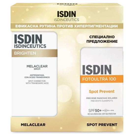ISDIN ISDINCEUTICS КОМПЛЕКТ MELACLEAR серум против хиперпигментации 30мл + FOTOULTRA 100 SPOT PREVENT SPF50 слънцезащ флуид 50мл