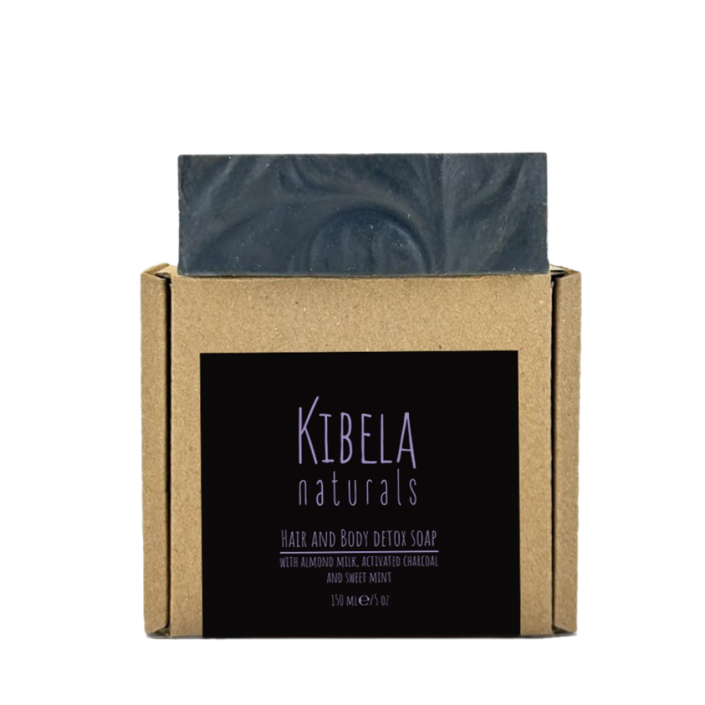 КИБЕЛА HAIR AND BODY DETOX SOAP дълбокопочистващ сапун за коса и тяло с бадемово мляко активен въглен и сладка мента 150 мл - Грижа за тялото