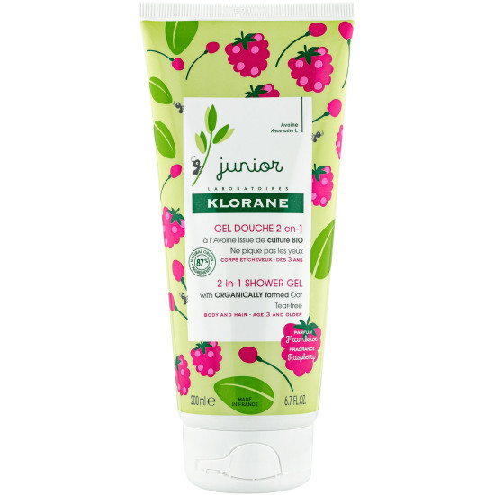 KLORANE JUNIOR 2in1 SHOWER GEL WITH OAT душ гел за коса и тяло с мляко от овес с аромат на малина 200 мл