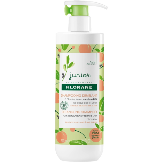 KLORANE JUNIOR DETANGLING SHAMPOO шампоан за лесно разресване с мляко от овес с аромат на праскова за деца над 3 г 500 мл ПРОМО