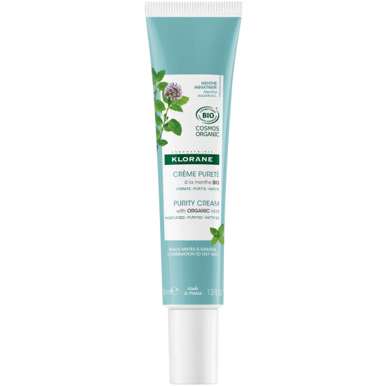 KLORANE PURITY CREAM WITH ORGANIC MINT почистващ и хидратиращ крем за лице с водна мента за комбинирана и мазна кожа 40 мл