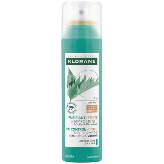 KLORANE DRY SHAMPOO OIL CONTROL TINTED WITH NETTLE оцветен сух шампоан с коприва за мазна тъмна коса 150 мл