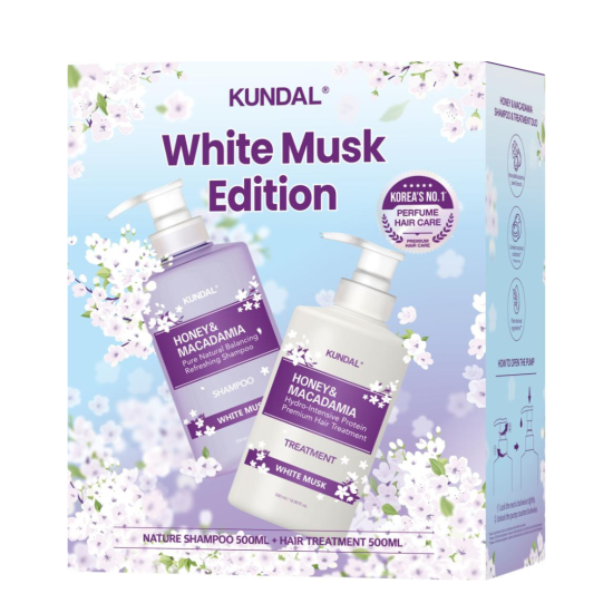 KUNDAL КОМПЛЕКТ WHITE MUSK EDITION натурален шампоан за коса с аромат на бял мускус 500 мл + балсам 500 мл
