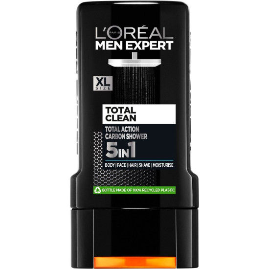 L'OREAL MEN EXPERT TOTAL CLEAN PURE CARBON 5in1 душ гел с активен въглен за коса лице тяло за бръснене и хидратация 300 мл