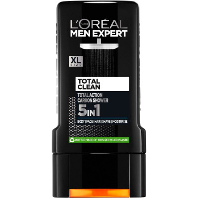 L'OREAL MEN EXPERT TOTAL CLEAN PURE CARBON 5in1 душ гел с активен въглен за коса лице тяло за бръснене и хидратация 300 мл