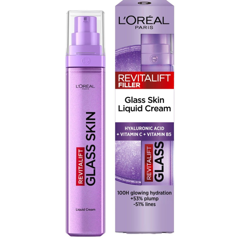 L'OREAL REVITALIFT FILLER GLASS SKIN течен анти-ейдж крем за лице с хиалурон, витамин C и витамин B5 за всеки тип кожа 50 мл - Грижа за лицето