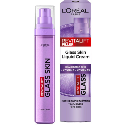 L'OREAL REVITALIFT FILLER GLASS SKIN течен анти-ейдж крем за лице с хиалурон, витамин C и витамин B5 за всеки тип кожа 50 мл