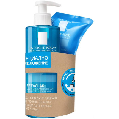 LA ROCHE-POSAY EFFACLAR GEL КОМПЛЕКТ почистващ и измиващ гел за лице за мазна и акнеична кожа 400 мл + REFIL ПЪЛНИТЕЛ 400 мл