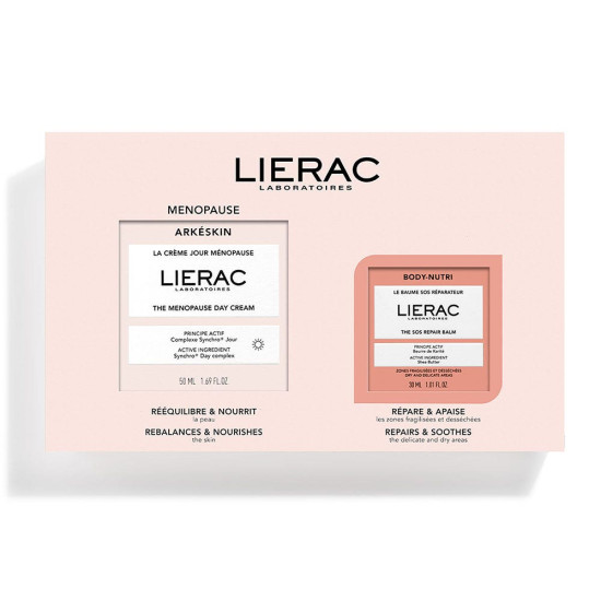 LIERAC ARKESKIN ПРОМО КОМПЛЕКТ дневен крем за лице при менопауза 50 мл + BODY-NUTRI SOS балсам за устни и сухи зони 30 мл
