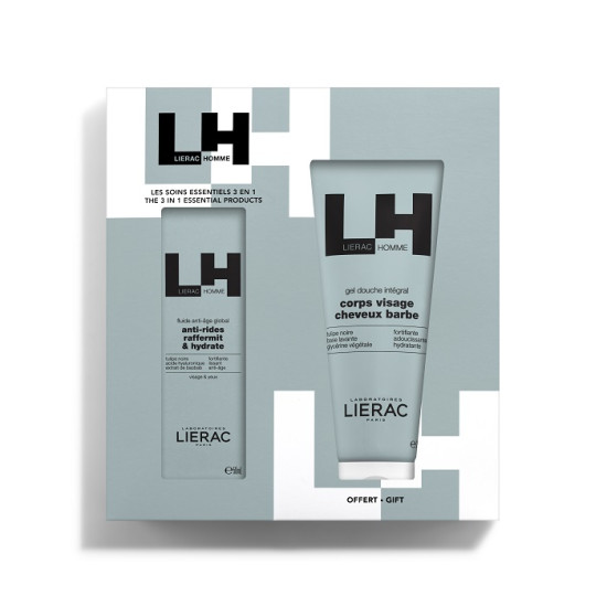 LIERAC HOMME КОМПЛЕКТ ОСНОВНА ГРИЖА ЗА МЪЖЕ флуид против бръчки за мъже 50 мл + душ гел 4в1 лице коса брада и тяло за мъже 200мл