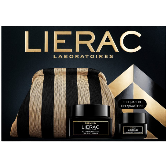 LIERAC PREMIUM КОМПЛЕКТ копринен крем за лице за нормална и комбинирана кожа 50 мл + околоочен крем 20 мл + НЕСЕСЕР
