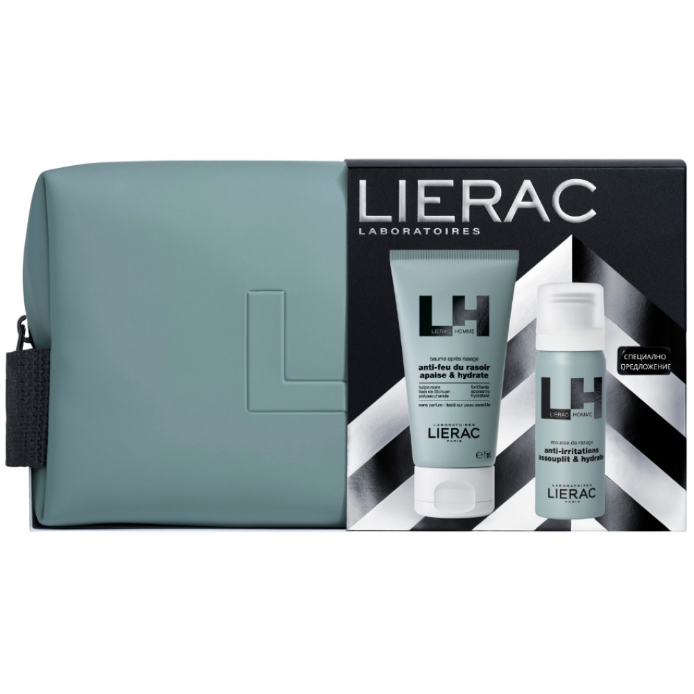 LIERAC HOMME КОМПЛЕКТ гел за бръснане за мъже 75 мл + балсам за след бръснене 50 мл + НЕСЕСЕР - Грижа за лицето и тялото