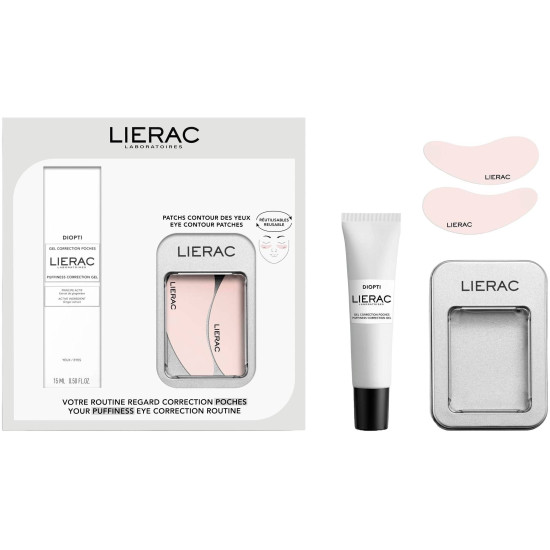 LIERAC DIOPTI КОМПЛЕКТ ANTI-PUFFINESS гел против торбички под очите 15 мл + пачове за околоочен контур многократна употреба 2 бр
