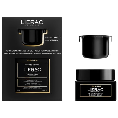 LIERAC PREMIUM КОМПЛЕКТ THE SILKY CREAM копринен крем за лице за нормална и комбинирана кожа 50 мл + ПЪЛНИТЕЛ 50 мл