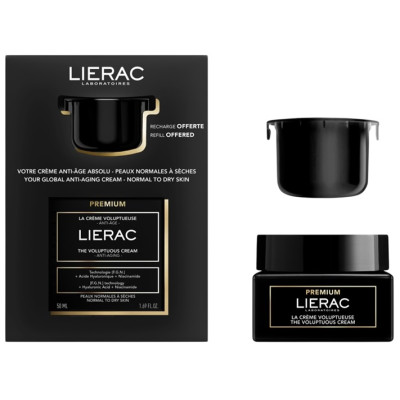 LIERAC PREMIUM КОМПЛЕКТ THE VOLUPTUOUS CREAM богат крем за лице за нормална до суха кожа 50 мл + ПЪЛНИТЕЛ 50 мл