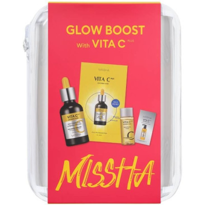 MISSHA КОМПЛЕКТ GLOW BOOST VITA C AMPOULE SET 4 продукта за лице (серум,тонер,пяна,маска) против пигментни петна, с несесер