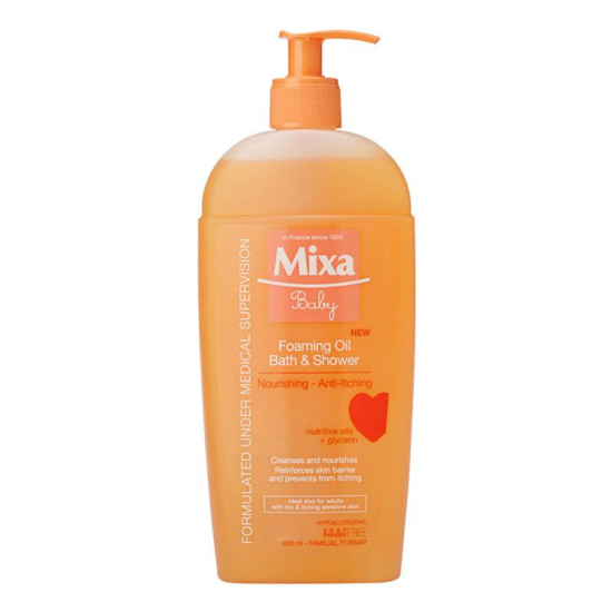 MIXA BABY FOAMING OIL пенливо бебешко измивно олио 2 в 1 за вана и душ за суха и раздразнена чувствителна кожа 400 мл