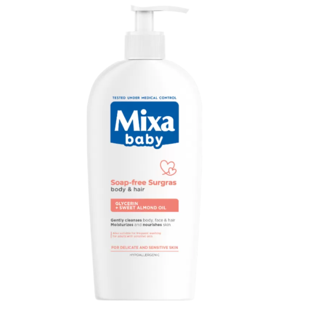 MIXA BABY SOAP-FREE SURGRAS BODY & HAIR богат на липиди измиващ гел без сапун за коса и тяло 400 мл