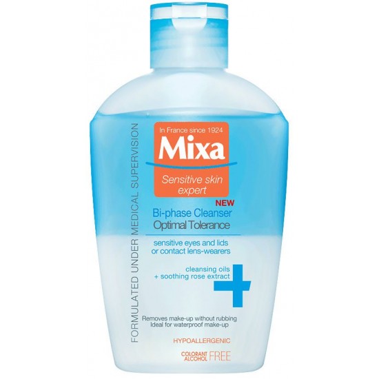 MIXA OPTIMAL TOLERANCE BI-PHASE CLEANSER двуфазен почистващ лосион за грим за лице чувствителни очи и устни 125 мл