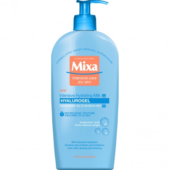 MIXA HYALUROGEL Intensive Hydrating Milk интензивно хидратиращо мляко за тяло за суха чувствителна кожа 400 мл