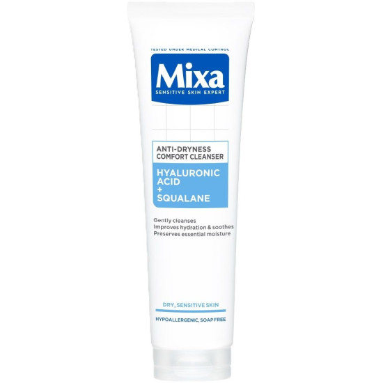 MIXA ANTI-DRYNESS COMFORT CLEANSER HYALURONIC ACID+SQUALANE почистващ гел срещу изсушаване на суха чувствителна кожа лице 150 мл