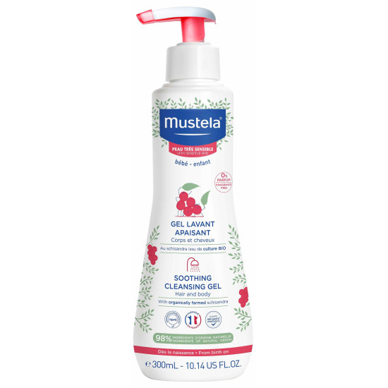 MUSTELA SOOTHING CLEANSING GEL HAIR & BODY успокояващ измиващ гел за коса и тяло за чувствителна кожа за деца с ШИЗАНДРА 300 мл