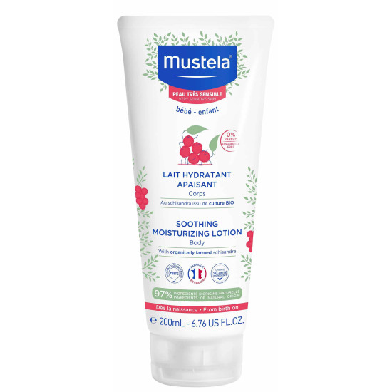 MUSTELA SOOTHING MOISTURISING BODY LOTION успокояващ лосион за тяло за чувствителна кожа за бебета и деца с ШИЗАНДРА 200 мл