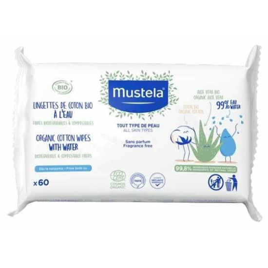 MUSTELA CLEANSING WATER WIPES Organic Cotton почистващи бебешки мокри кърпички с органичен памук и 99% вода х 60 бр