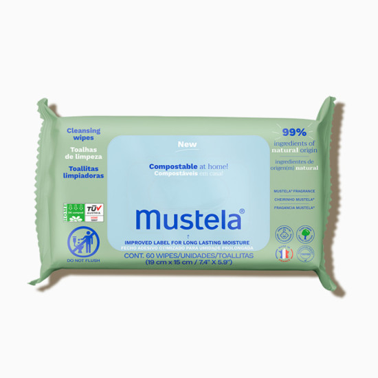 MUSTELA NATURAL CLEANSING WIPES компостируеми почистващи кърпички с 99% вода и натурални съставки С ПАРФЮМ х 60 бр