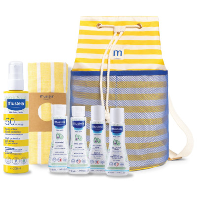 MUSTELA СЛЪНЦЕЗАЩИТЕН ПРОМО КОМПЛЕКТ ЗА ЦЯЛОТО СЕМЕЙСТВО Спрей SPF50 200 мл + 4 бр мини продукти + Раница + Кърпа