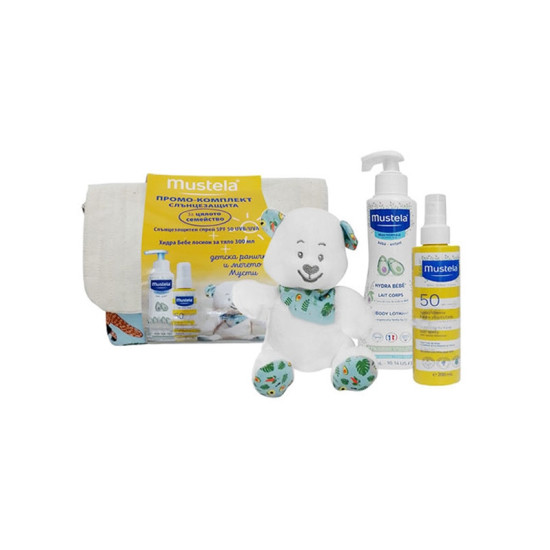 MUSTELA СЛЪНЦЕЗАЩИТЕН ПРОМО КОМПЛЕКТ Слънцезащитен спрей SPF50 200 мл + Хидра Бебе лосион 300 мл + Мече + Детска раничка