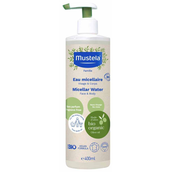MUSTELA BIO ORGANIC Micellar Water Face & Body почистваща мицеларна вода за лице и тяло за цялото семейство 400 мл