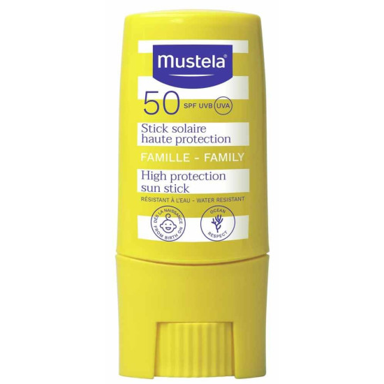 MUSTELA SUN SPF50+ слънцезащитен стик за лице и тяло за чувствителна кожа за цялото семейство 9 мл