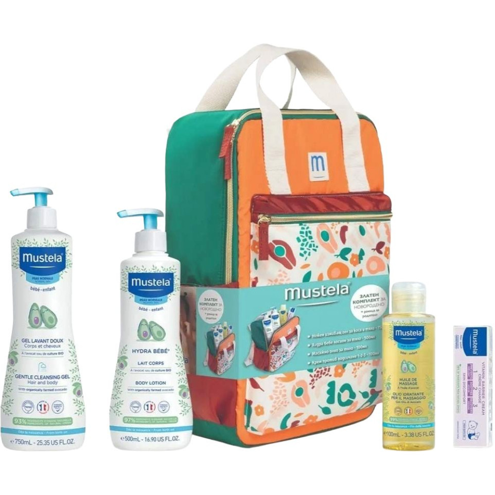 Mustela Bebe Златен Комплект За Новородено, Нежен измиващ гел за коса и тяло х 750 мл + Hydra Bebe Лосион за тяло х 500 мл + Масажно олио-спрей за новородени х 100 мл + Крем против подсичане 1-2-3 x 100 мл + РАНИЧКА -