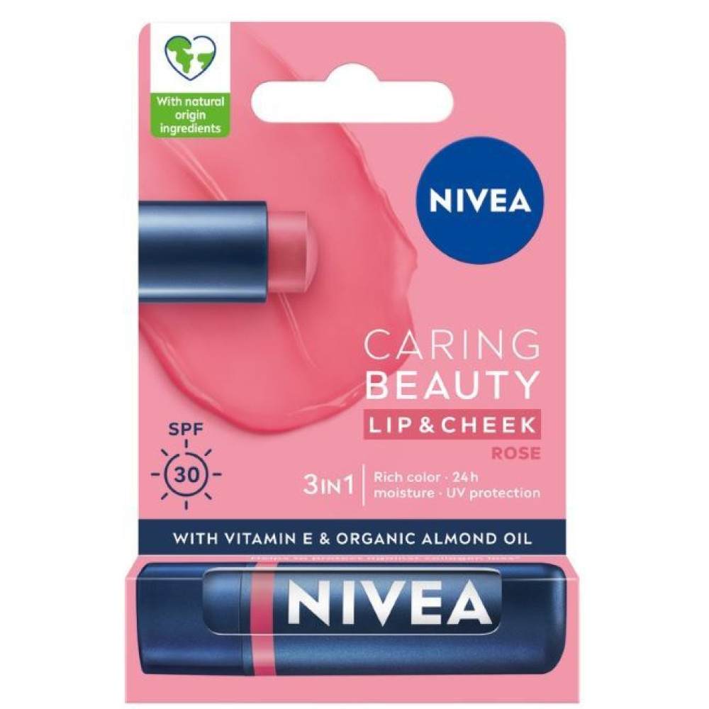 NIVEA CARING BEAUTY LIP&CHEEK ROSE цветен балсам за устни и скули с SPF30 РОЗОВ ЦВЯТ 4.8 г - Грижа за устните