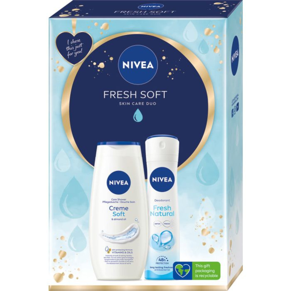 НИВЕА Комплект за жени FRESH SOFT: Део спрей Nivea Fresh Natural 150 мл + Душ гел Crеme Soft 250 мл - Грижа за тялото